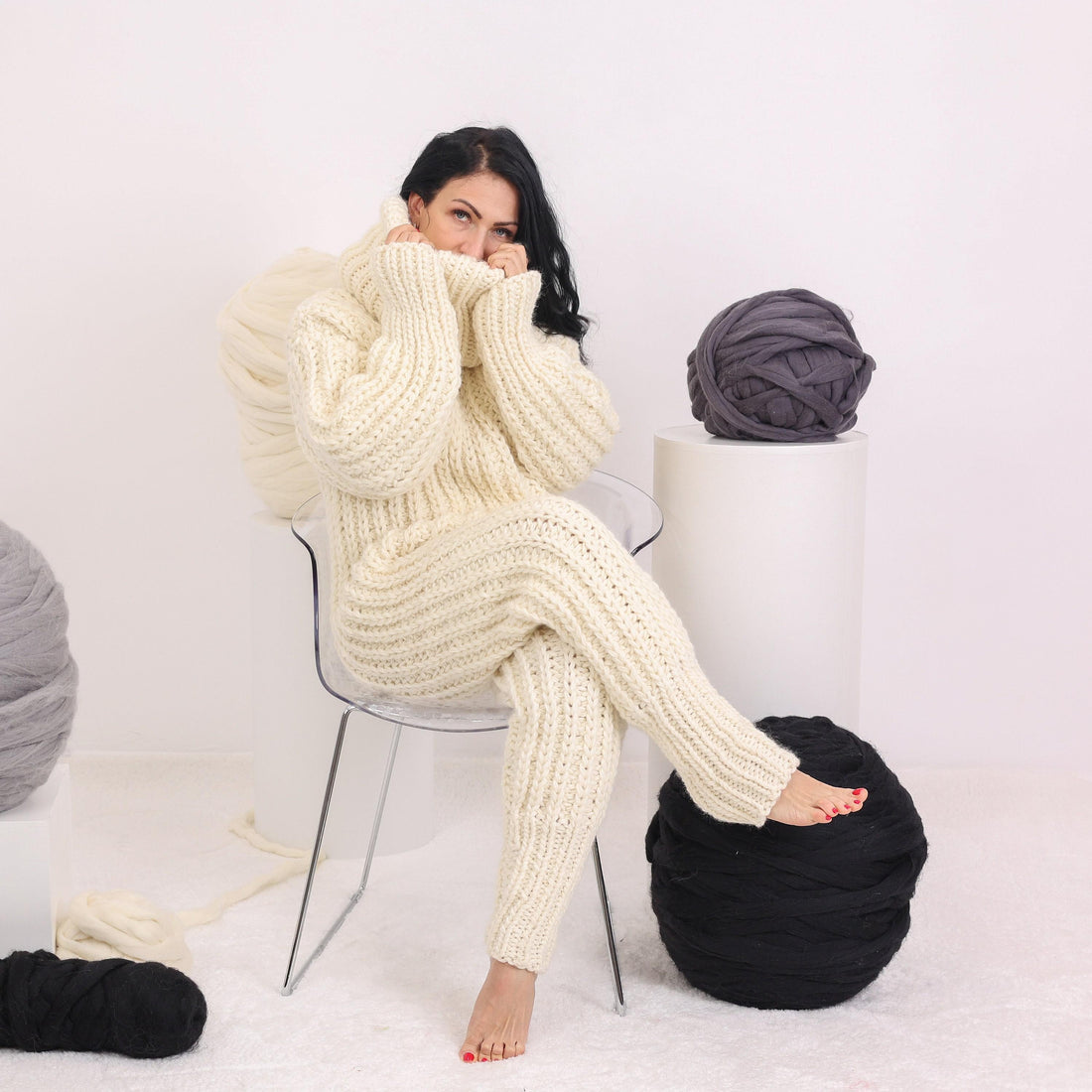 Wool Catsuit – Hand-Knitted 100% Wool Full Body Suit with Extra Long Turtleneck T1622