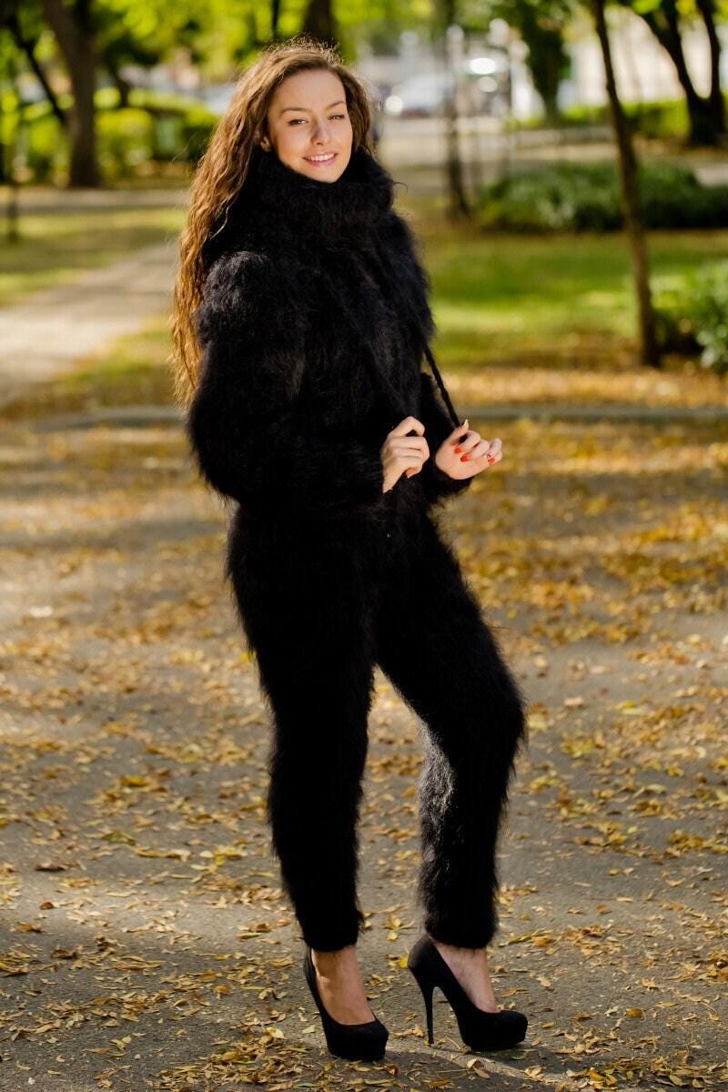 Black Mohair Catsuit – Chunky Hand-Knitted Hooded Full Body Jumpsuit – Fluffy One-Piece Suit – T170