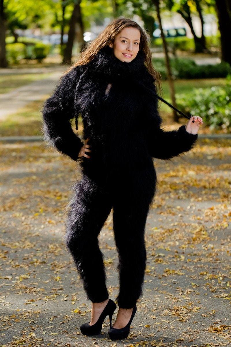 Black Mohair Catsuit – Chunky Hand-Knitted Hooded Full Body Jumpsuit – Fluffy One-Piece Suit – T170