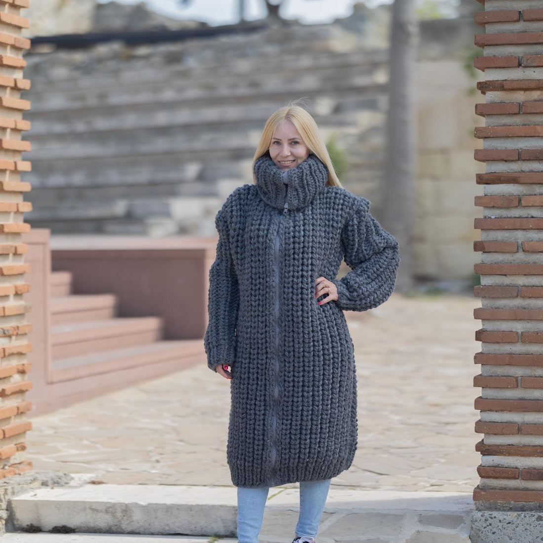 Chunky Wool Cardigan – Hand Knitted English Rib Zip Coat with 50 cm Turtleneck T1869