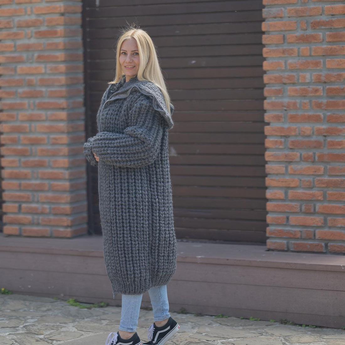 Chunky Wool Cardigan – Hand Knitted English Rib Zip Coat with 50 cm Turtleneck T1869