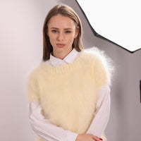Fluffy Mohair Sweater, Hand Knitted Short Sleeve Jumper in Soft Cream T2042