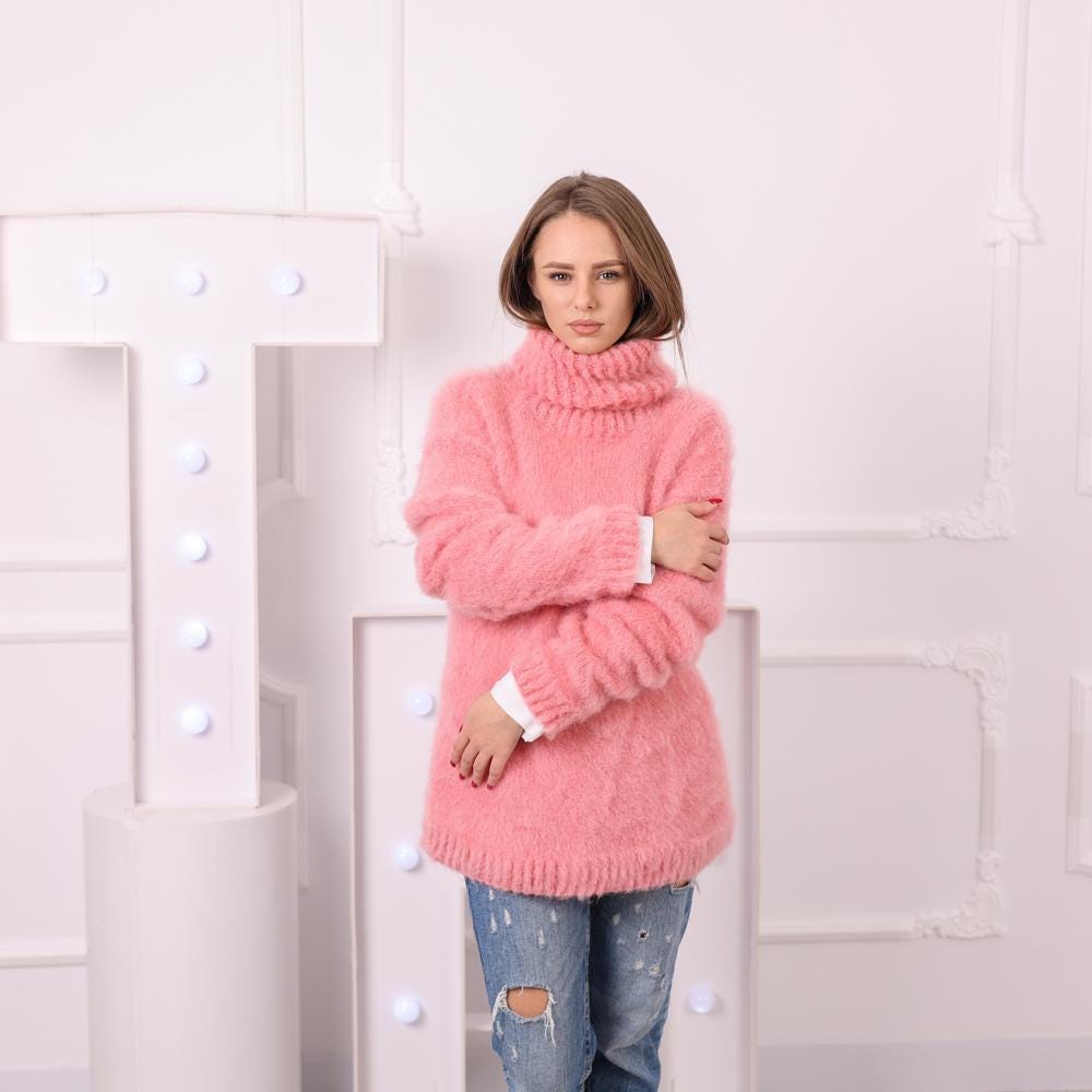 Pink Baby Suri Alpaca Sweater, Fluffy Merino Turtleneck, Hand Knitted Soft Wool Jumper T2044