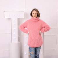 Pink Baby Suri Alpaca Sweater, Fluffy Merino Turtleneck, Hand Knitted Soft Wool Jumper T2044