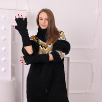 Black Wool Fingerless Gloves – Hand Knitted 100% Raw Wool Arm Warmers T2050