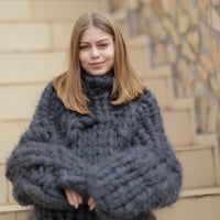 40-Strand Gray Mohair Sweater – Heavy Fluffy Hand-Knitted Thick Oversized Pullover T1374