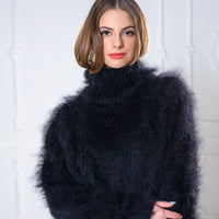 Fluffy Black Mohair Turtleneck sweater, Soft sensual winter jumper with T neck T984
