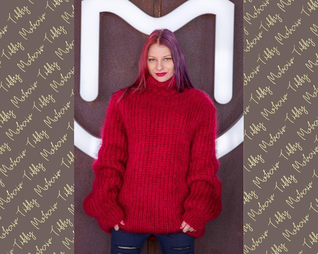 Fluffy Thick Ribbed Sweater, Hand Knitted in Soft Mohair Yarn T524
