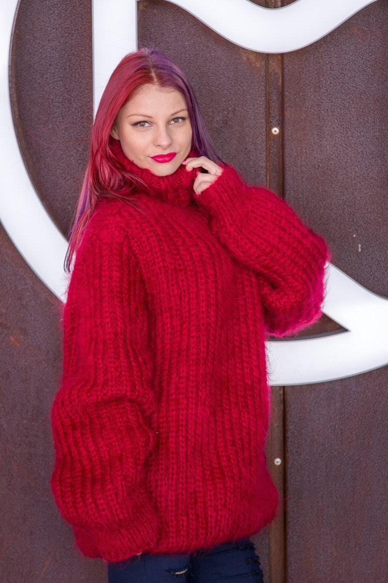 Fluffy Thick Ribbed Sweater, Hand Knitted in Soft Mohair Yarn T524
