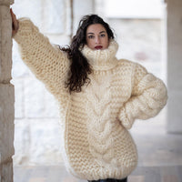20-Strand Thick Mohair Sweater – Hand-Knitted Blue Chunky Cable Knit Jumper T1357