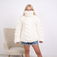 20-Strand Mohair Sweater – Extra Chunky Hand-Knitted Oversized Cable Knit Turtleneck Jumper T1898