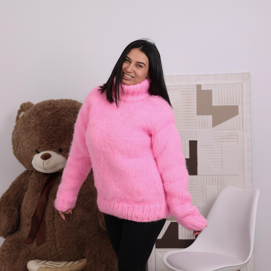 Chunky Pink Alpaca Sweater, 20-Strand Hand Knitted Turtleneck T1830