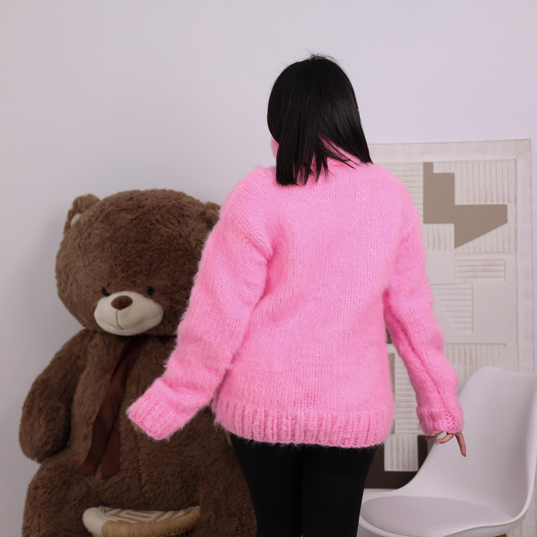 Chunky Pink Alpaca Sweater, 20-Strand Hand Knitted Turtleneck T1830