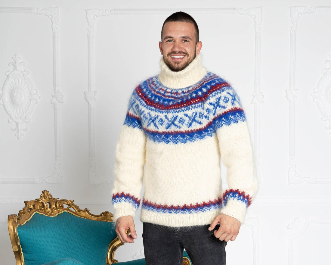 Norwegian Mohair Sweater – Hand-Knitted Fluffy Nordic Fair Isle Jumper for Women T650