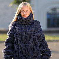 5-Strand Thick Denim Blue Wool Sweater – Massive Cable Knit Woolen Pullover T1447