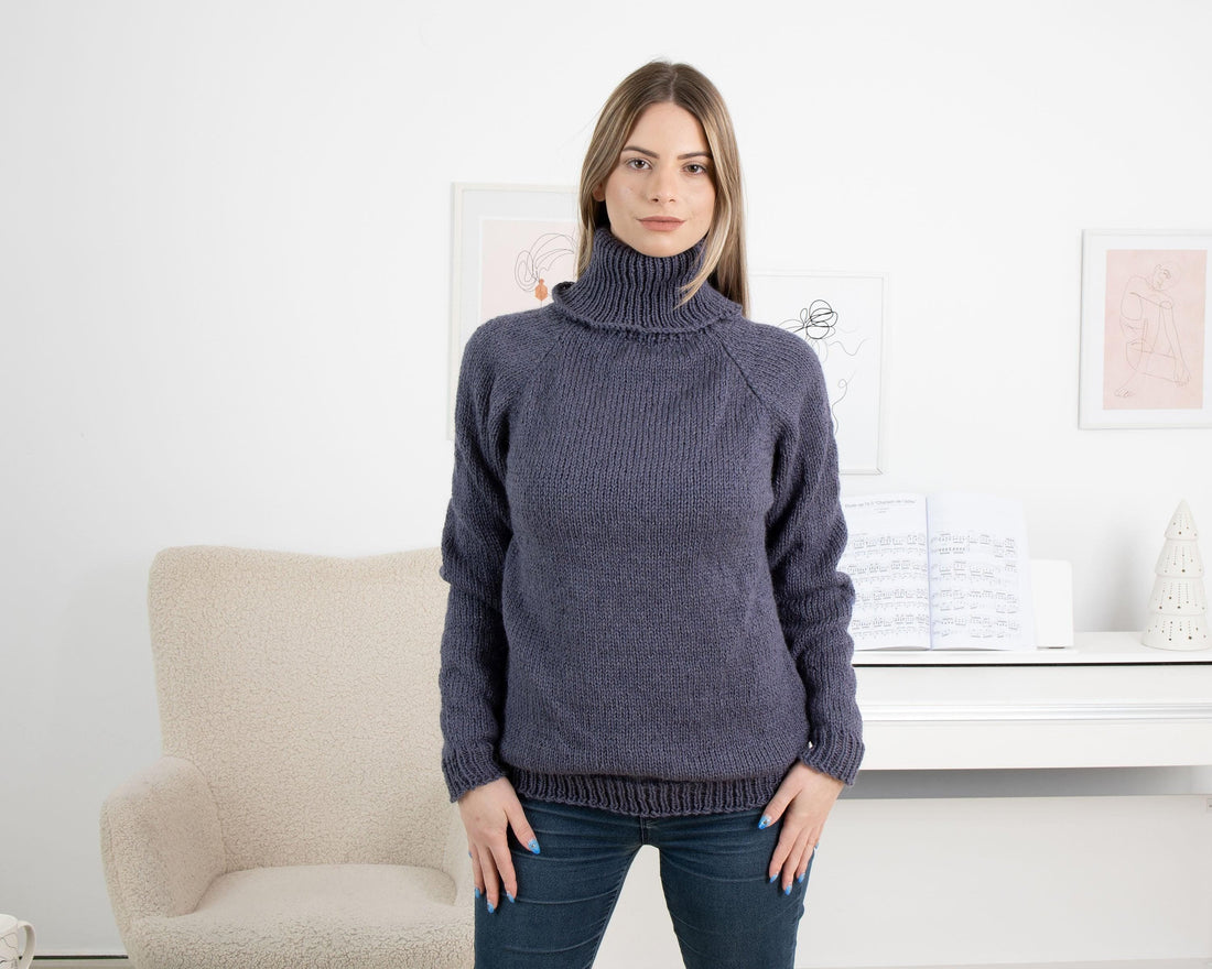 Wool Sweater Denim Blue Itchy Knit, Hand Knitted 100% Raw Wool Pullover T1319