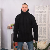 Black Ribbed Wool Sweater – Hand-Knitted Chunky Oversized Turtleneck for Men T711M