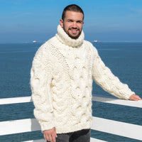 Hand-Knitted Cream Wool Sweater – Chunky Cable Knit Oversized Pullover T657M