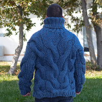 Blue Pure Wool Sweater – Mega Thick Hand-Knitted Cable Knit Turtleneck Pullover T660M