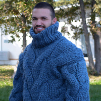 Blue Pure Wool Sweater – Mega Thick Hand-Knitted Cable Knit Turtleneck Pullover T660M