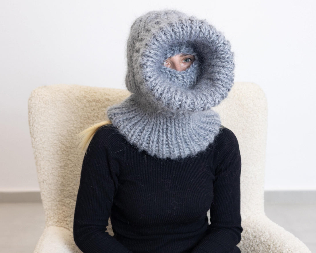 Mohair Wool Balaclava – Hand Knitted Chunky Winter Hood T1527