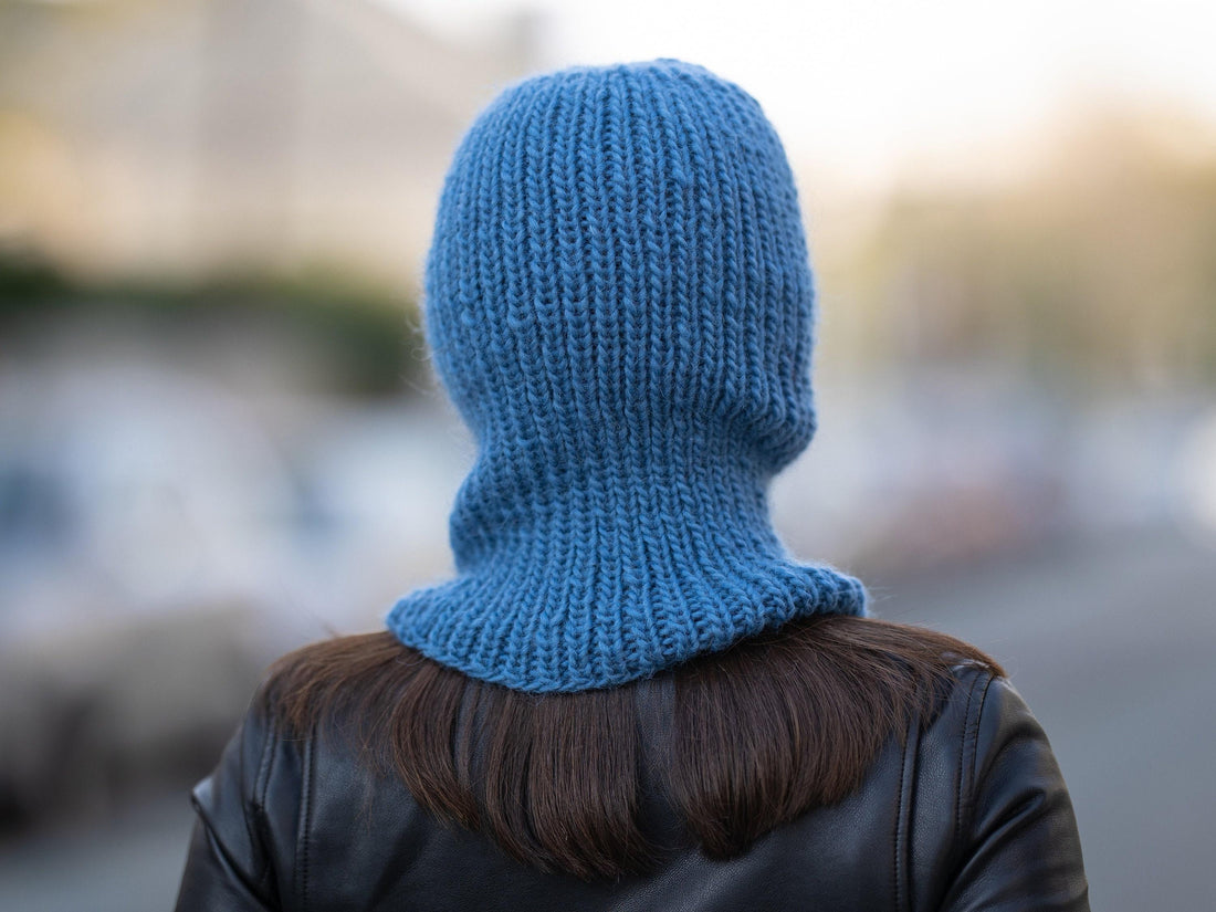 Blue Wool Balaclava – Hand Knitted Slouchy Beanie Ski Mask T1169