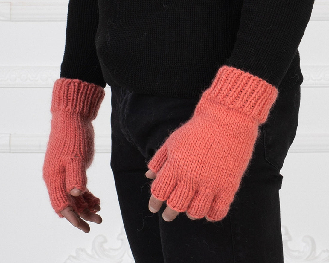 Hand Knit Wool Fingerless Gloves, Pink Woolen Mittens T1009