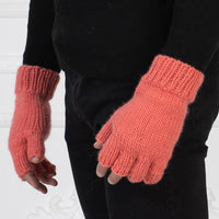 Hand Knit Wool Fingerless Gloves, Pink Woolen Mittens T1009