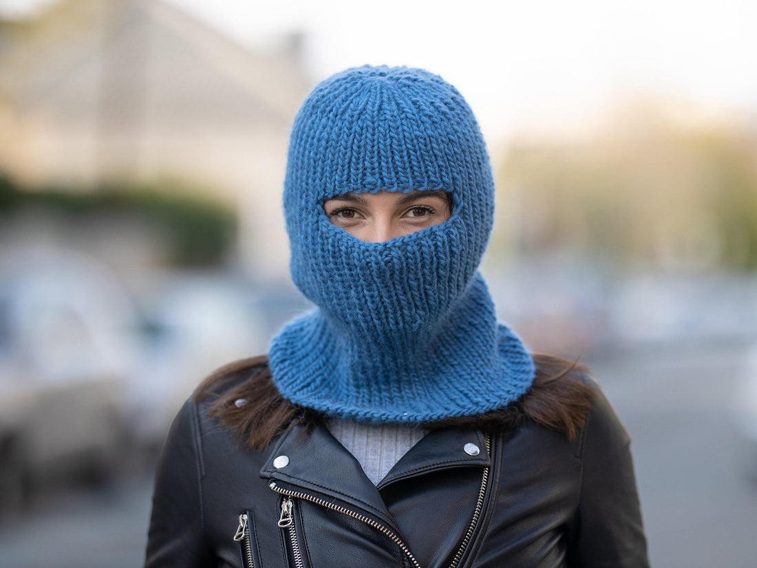 Blue Wool Balaclava – Hand Knitted Slouchy Beanie Ski Mask T1169