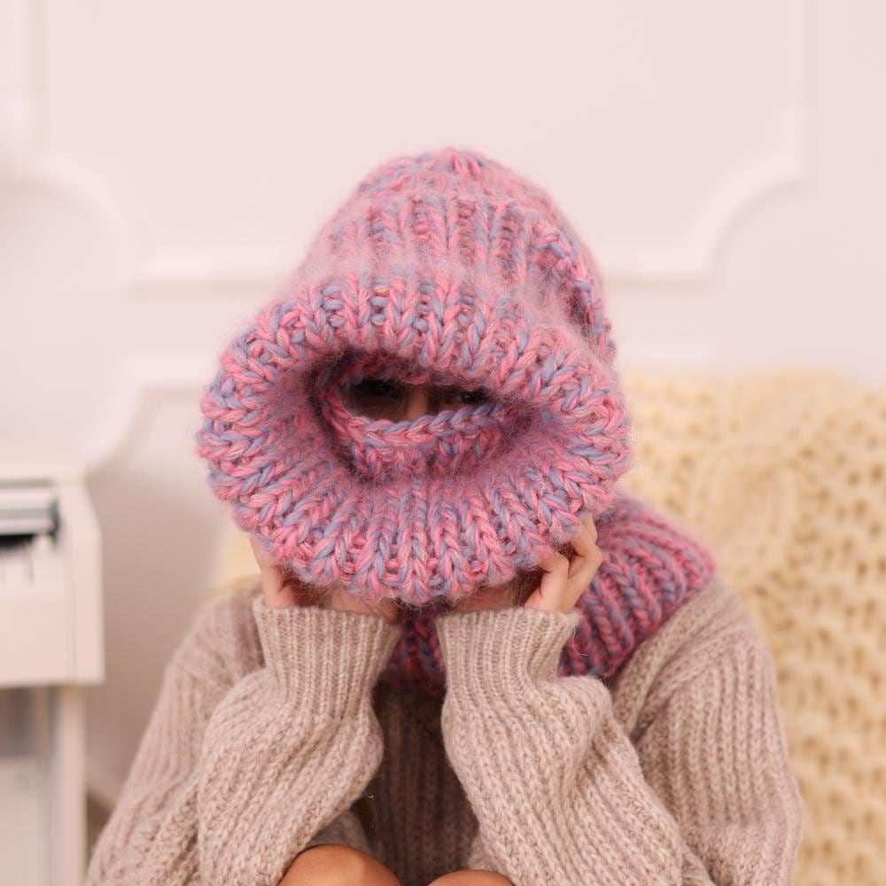 Pink Blue Mohair Wool Balaclava – Hand Knitted Chunky Ribbed Ski Hood T1967