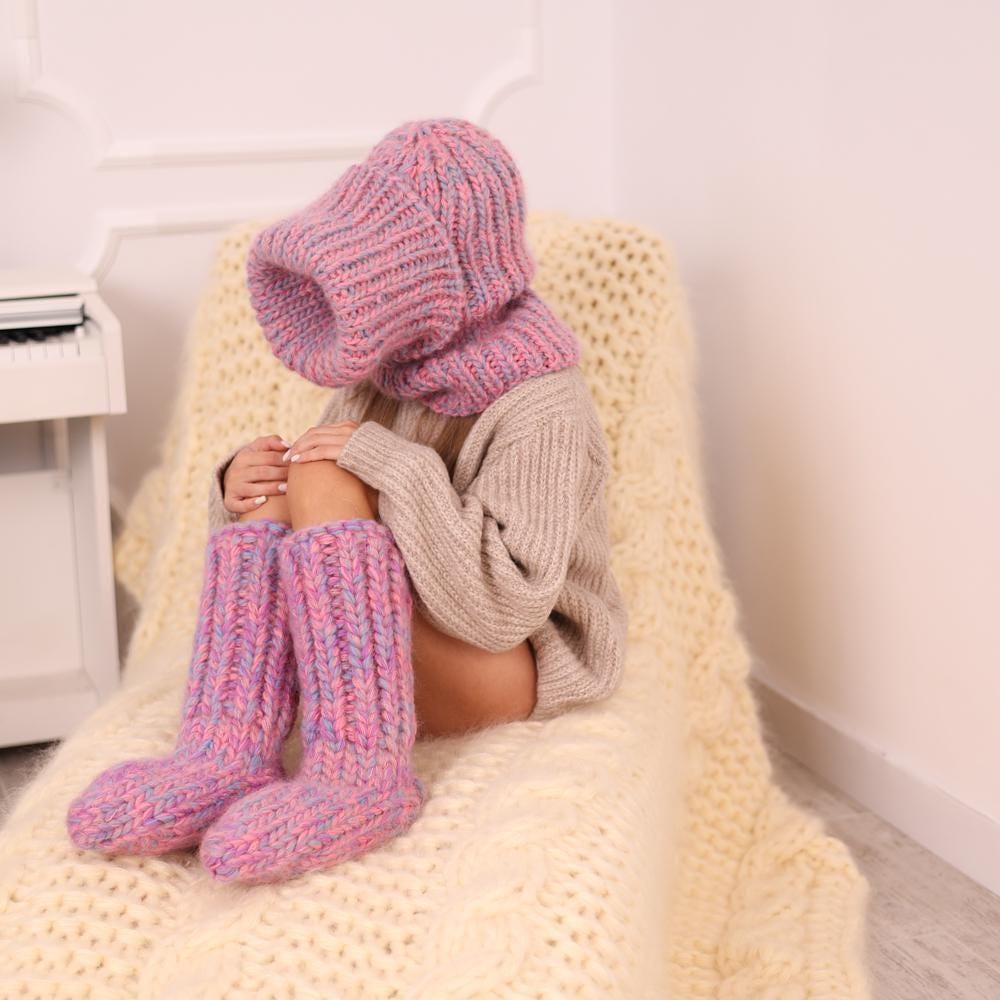 Chunky Knit Boots – Hand Knitted Mohair Wool Slipper Socks, 12-Strand Oversized Knit T1968