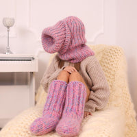 Pink Blue Mohair Wool Balaclava – Hand Knitted Chunky Ribbed Ski Hood T1967