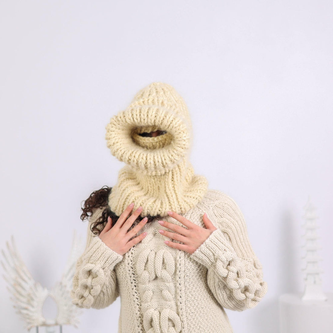Mohair Wool Balaclava – Hand Knitted Chunky Ski Hood T1650