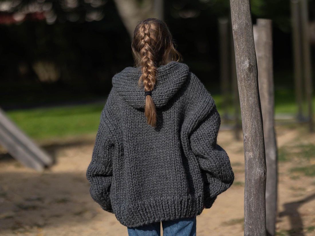 Chunky Wool Cardigan – Hand Knitted Fully Zipped Jacket T1286