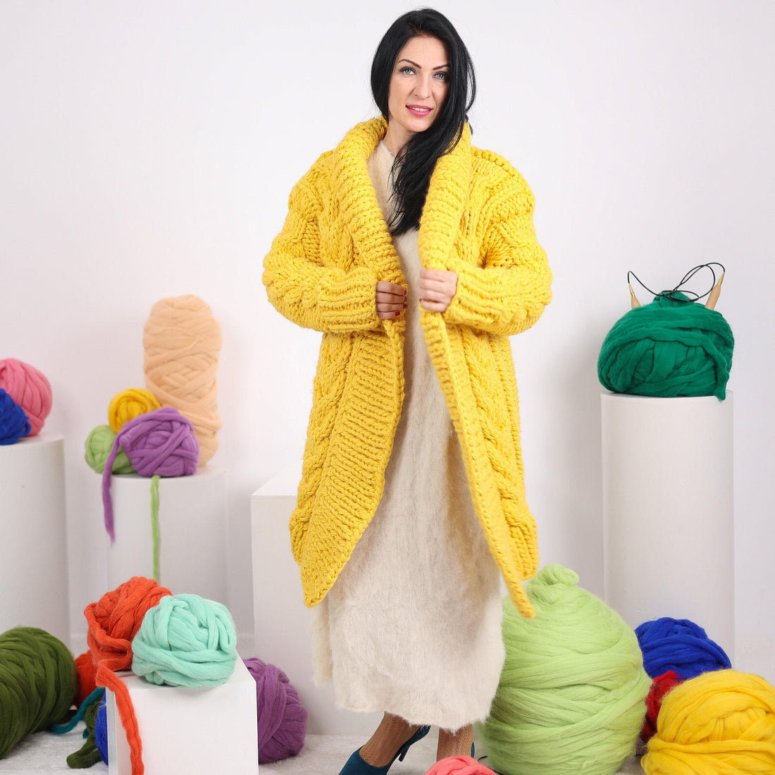 Yellow Wool Cardigan – Hand Knitted Cable Knit Sweater T1604
