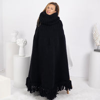 Black Wool Poncho – Hand Knitted Chunky Knit with 80 cm Turtleneck T1754