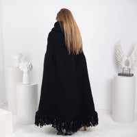 Black Wool Poncho – Hand Knitted Chunky Knit with 80 cm Turtleneck T1754