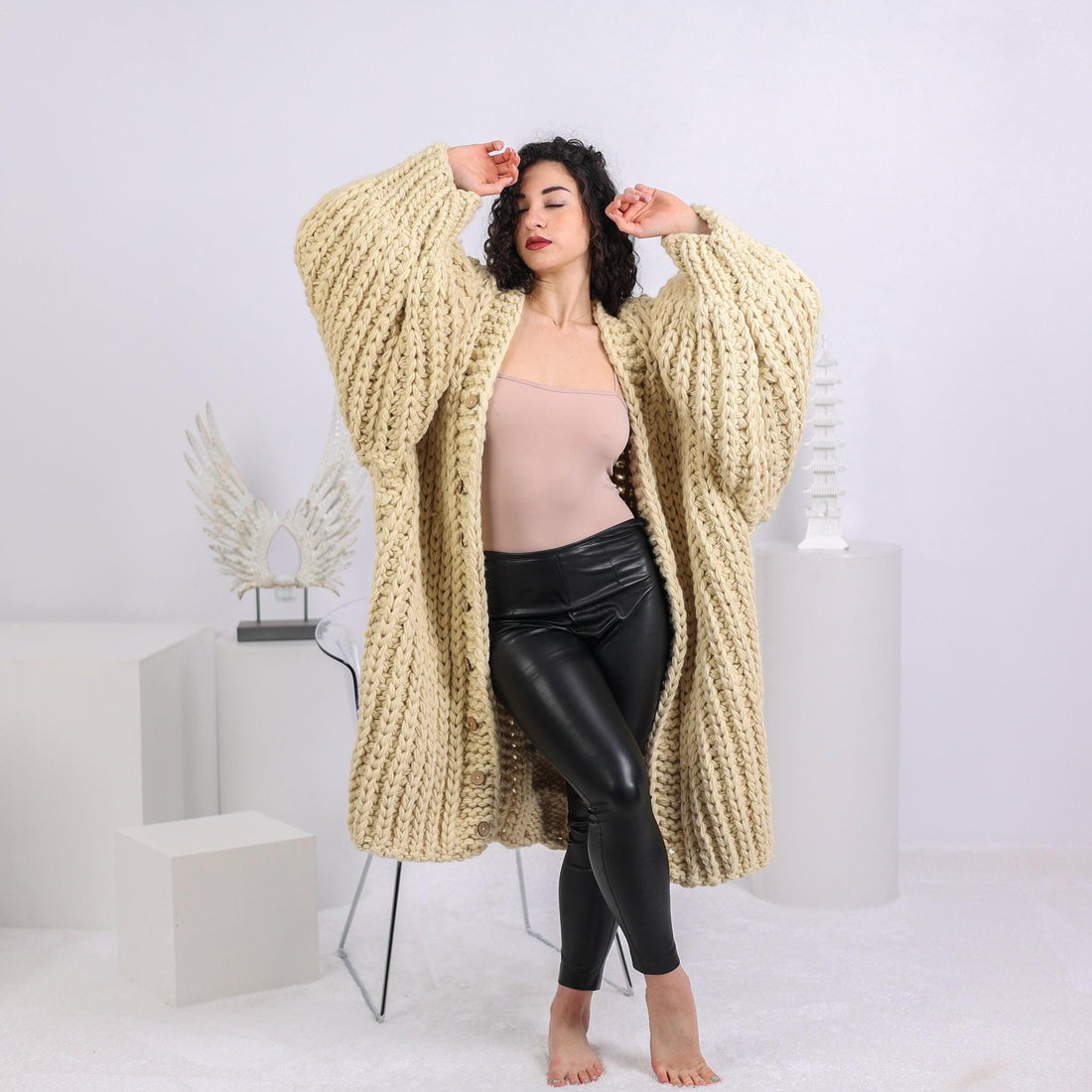 Cream Wool Cardigan – Hand Knitted Maxi Coat with Extra Wide Sleeves T1647