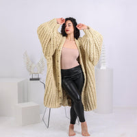Cream Wool Cardigan – Hand Knitted Maxi Coat with Extra Wide Sleeves T1647