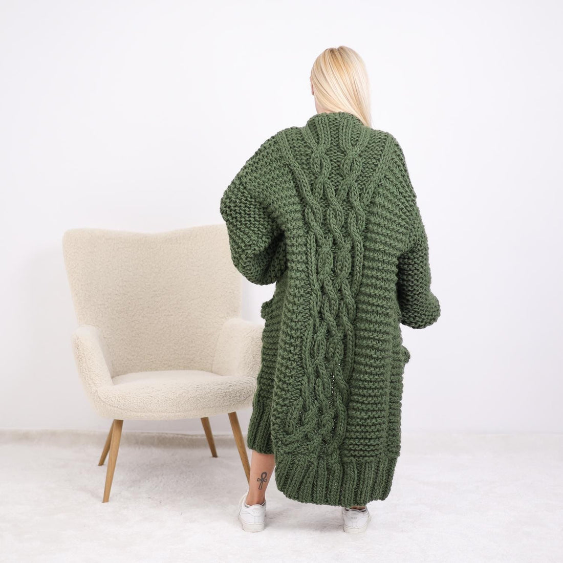 Green Wool Cardigan – Hand Knitted Long Cable Knit Coat with Buttons T1892