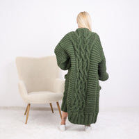 Green Wool Cardigan – Hand Knitted Long Cable Knit Coat with Buttons T1892