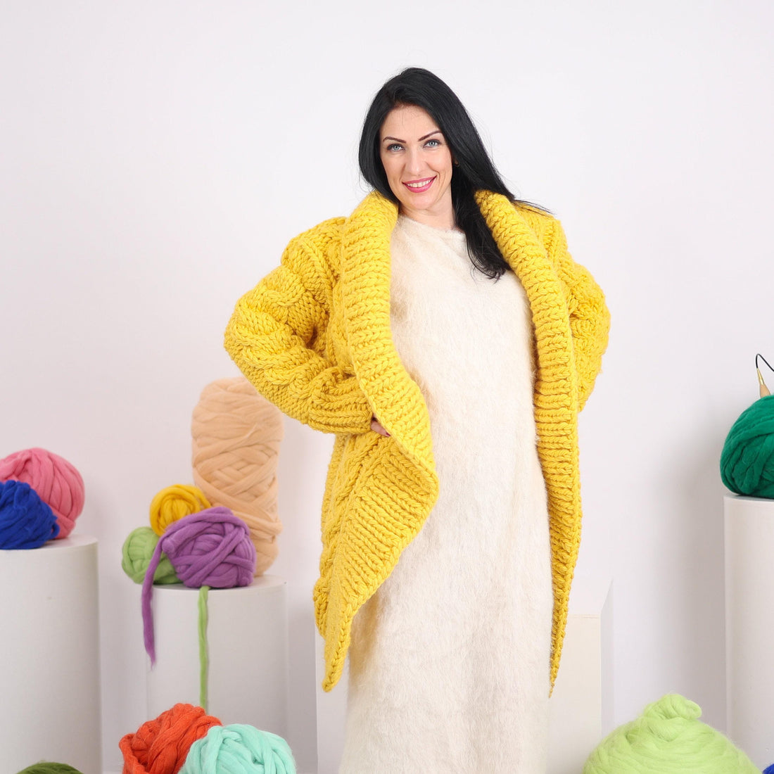 Yellow Wool Cardigan – Hand Knitted Cable Knit Sweater T1604