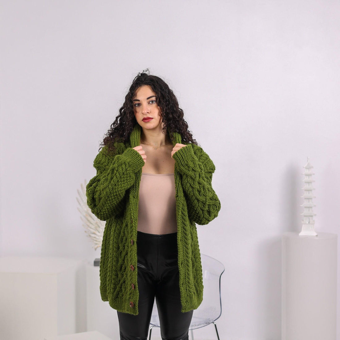 Chunky Wool Cardigan – Hand Knitted 100% Wool Short Jacket T1645