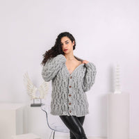 Extra Chunky Gray Cardigan – 10-Strand Hand Knitted Alpaca Merino Wool Blend T1644