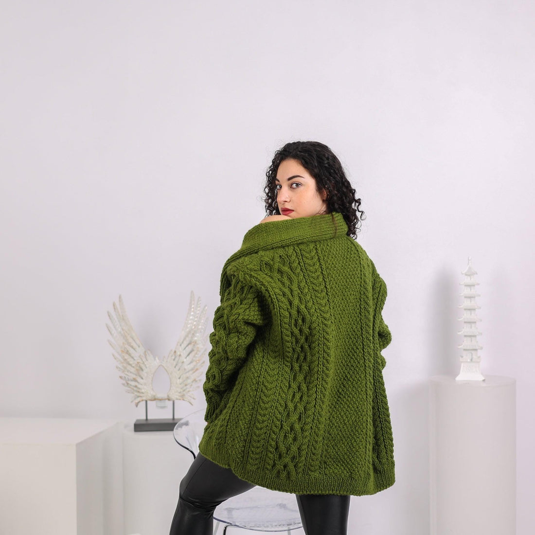Chunky Wool Cardigan – Hand Knitted 100% Wool Short Jacket T1645