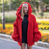 Extra Chunky Red Mohair Cardigan – 25-Strand Hand Knitted Wool Blend Coat T1241