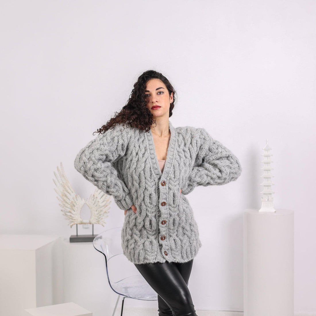 Extra Chunky Gray Cardigan – 10-Strand Hand Knitted Alpaca Merino Wool Blend T1644