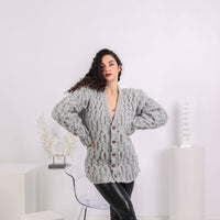 Extra Chunky Gray Cardigan – 10-Strand Hand Knitted Alpaca Merino Wool Blend T1644