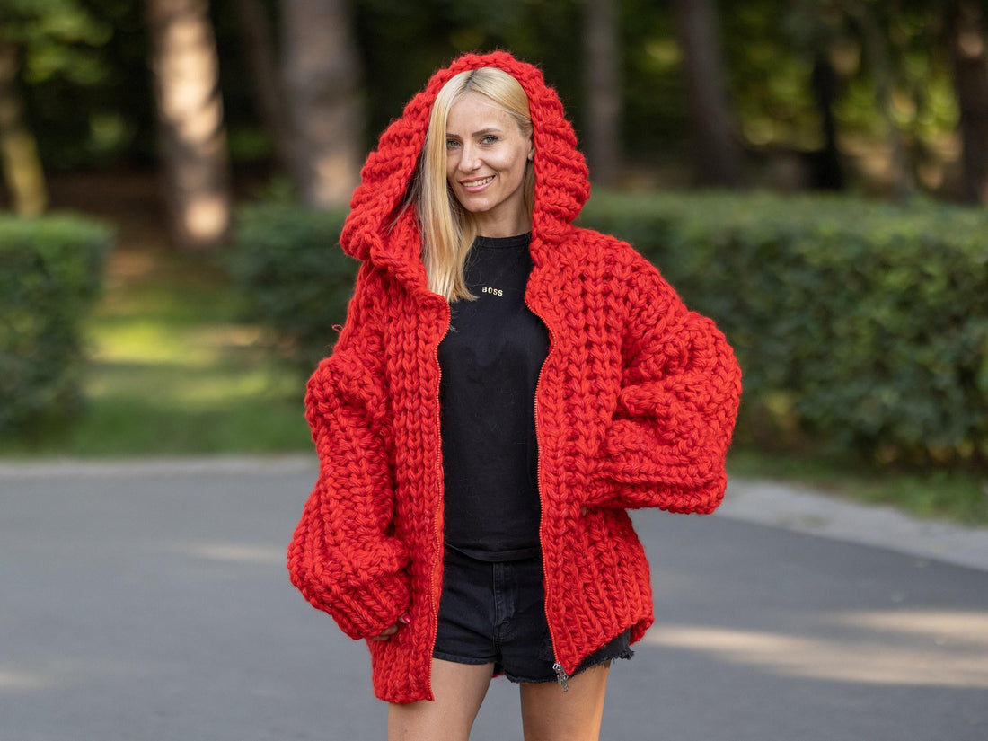 Extra Chunky Red Mohair Cardigan – 25-Strand Hand Knitted Wool Blend Coat T1241