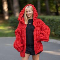 Extra Chunky Red Mohair Cardigan – 25-Strand Hand Knitted Wool Blend Coat T1241